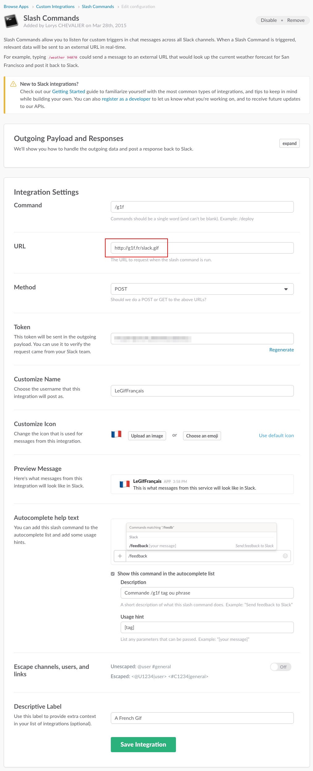 Réglage de l’URL de la slash command